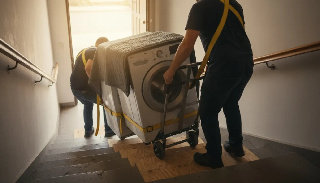 To flyttefolk bærer en vaskemaskine og tørretumbler ned ad en trappe til kælderen med flyttestropper og en trappevogn.