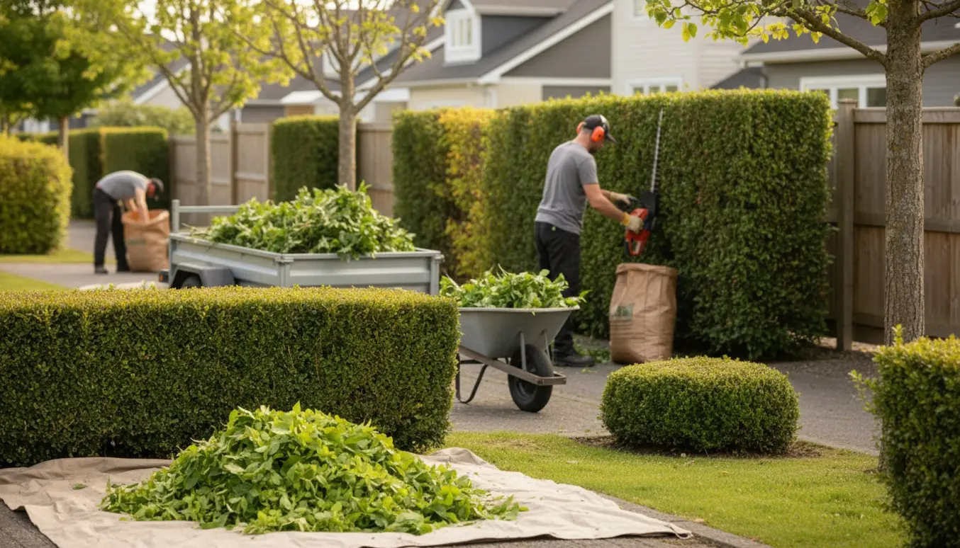 Nyklippet hæk med afklip samlet i trailer og en person set bagfra, der bruger en hækkeklipper.