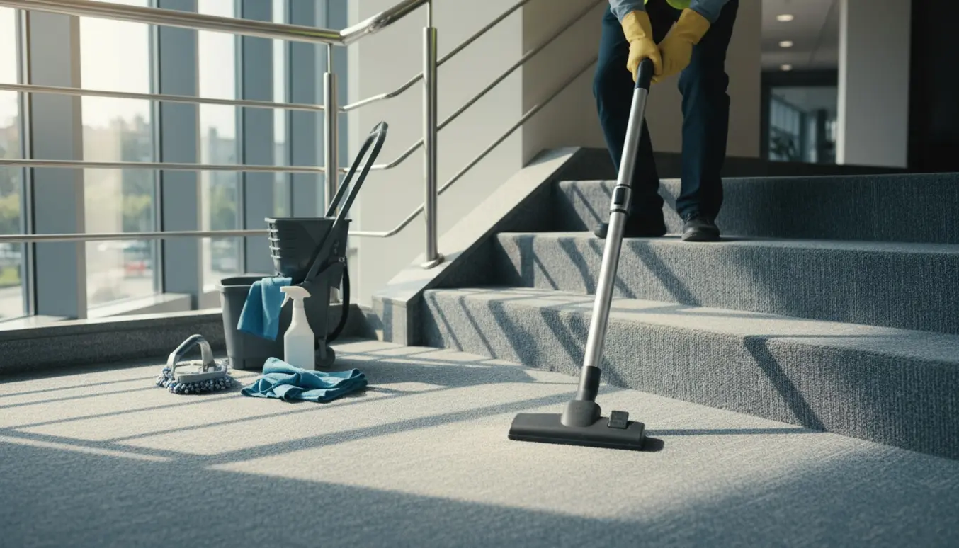 Renholder støvsuger trappeopgang i en erhvervsejendom med spand, klude og rengøringsudstyr.