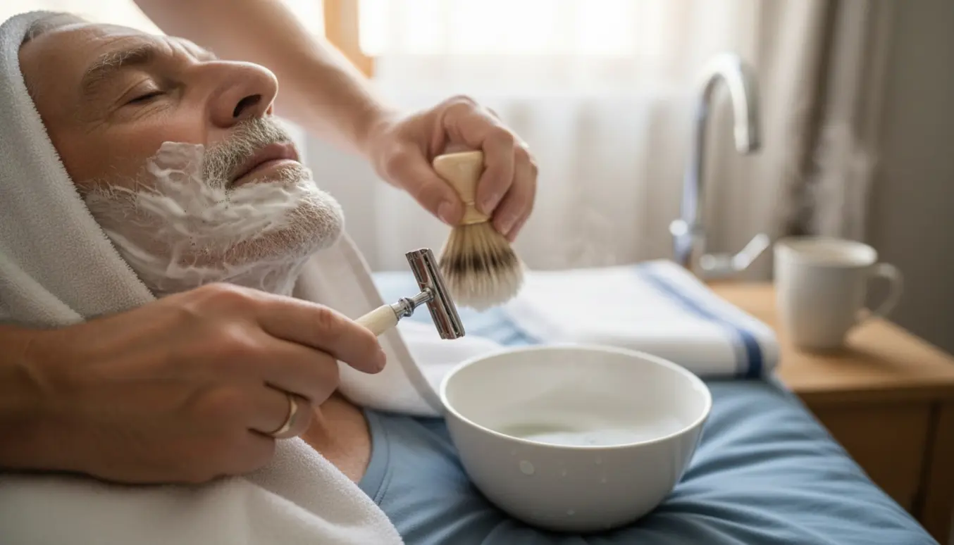 Hænder barberer forsigtigt en ældre mands kæbe med varm klud og barberkost i hjemmet.