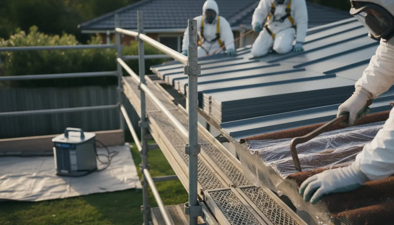 Arbejder i beskyttelsesudstyr fjerner et gammelt asbesttag, mens nye ståltagplader ligger klar.