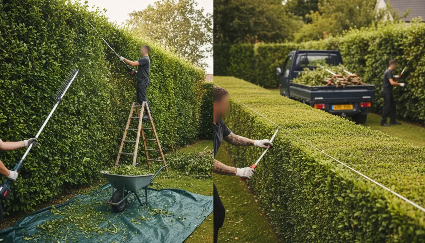 Professionelle klipper og læsser hække i en have, med tæt før-og-efter-hedelinje og køreklare afklip.