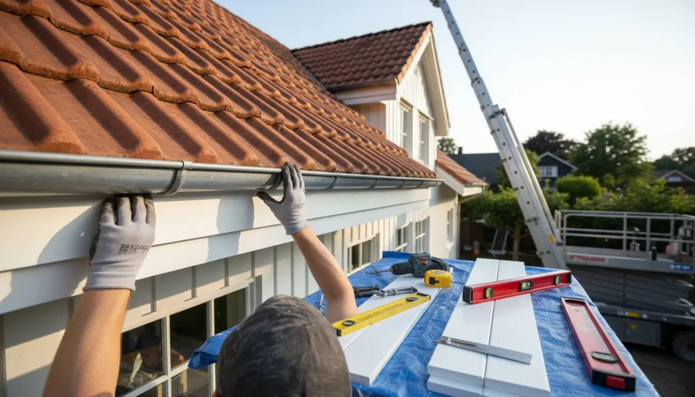 Malede træplader skiftes på en husgavl, mens sternkapsel monteres og håndværker ses på en stige uden ansigt.