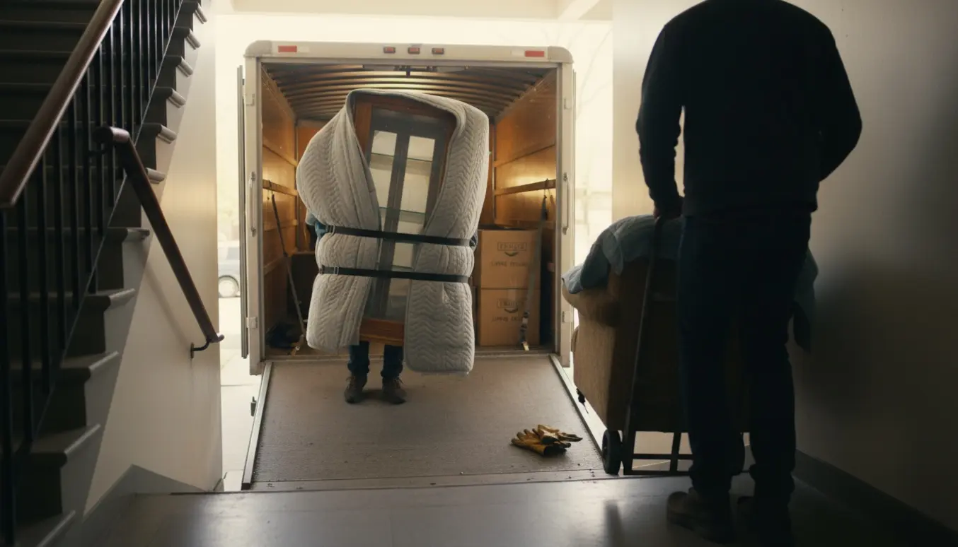 Flyttekasser og møbler bæres ned ad trappe og læsses i en parkeret udlejnings‑trailer udenfor.