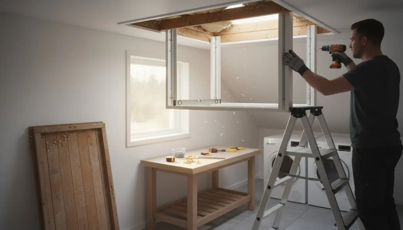 Håndværker på stige monterer en ny loftslem i et lyst bryggers med værktøj og åben loftsåbning.