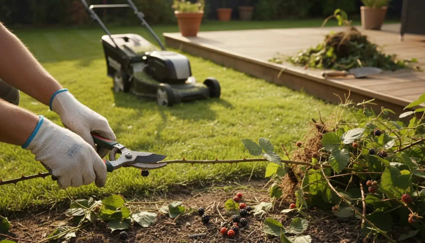 Hænder klipper en brombærbusk i en solbelyst have med plæneklipper og ryddet terrasse i baggrunden.