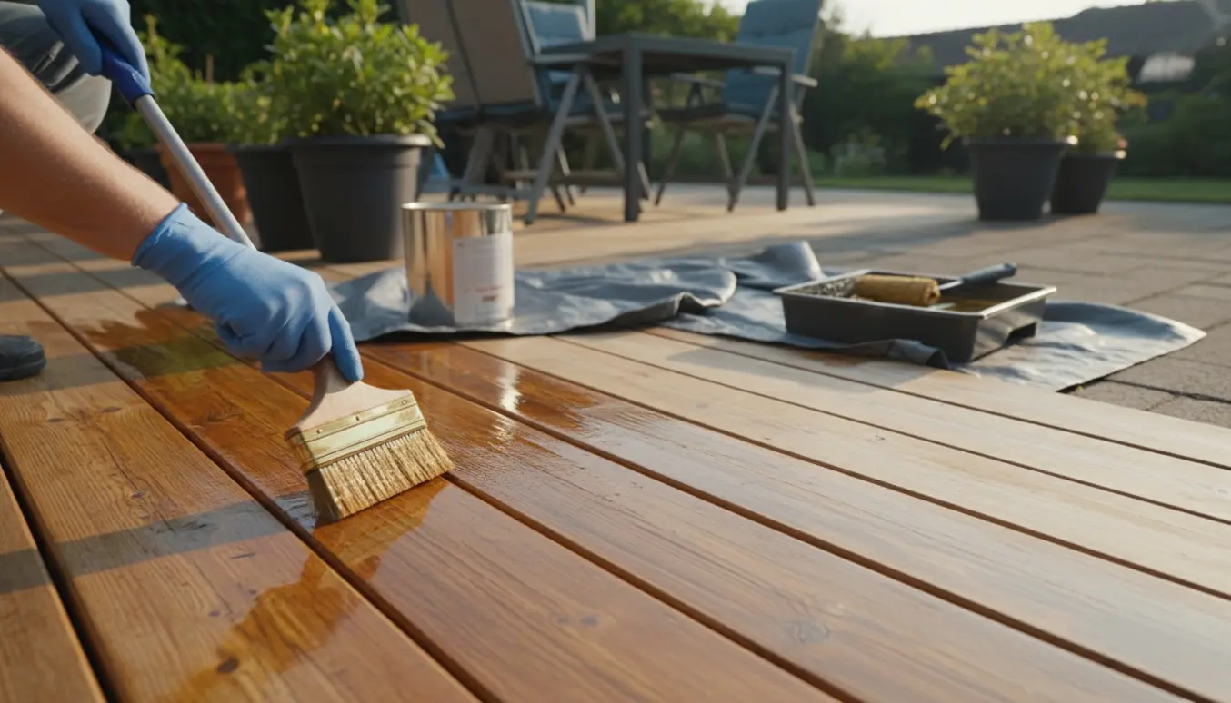 Nærbillede af hånd, der påfører træolie på en terrasse med tydelig forskel mellem behandlet og ubehandlet træ.