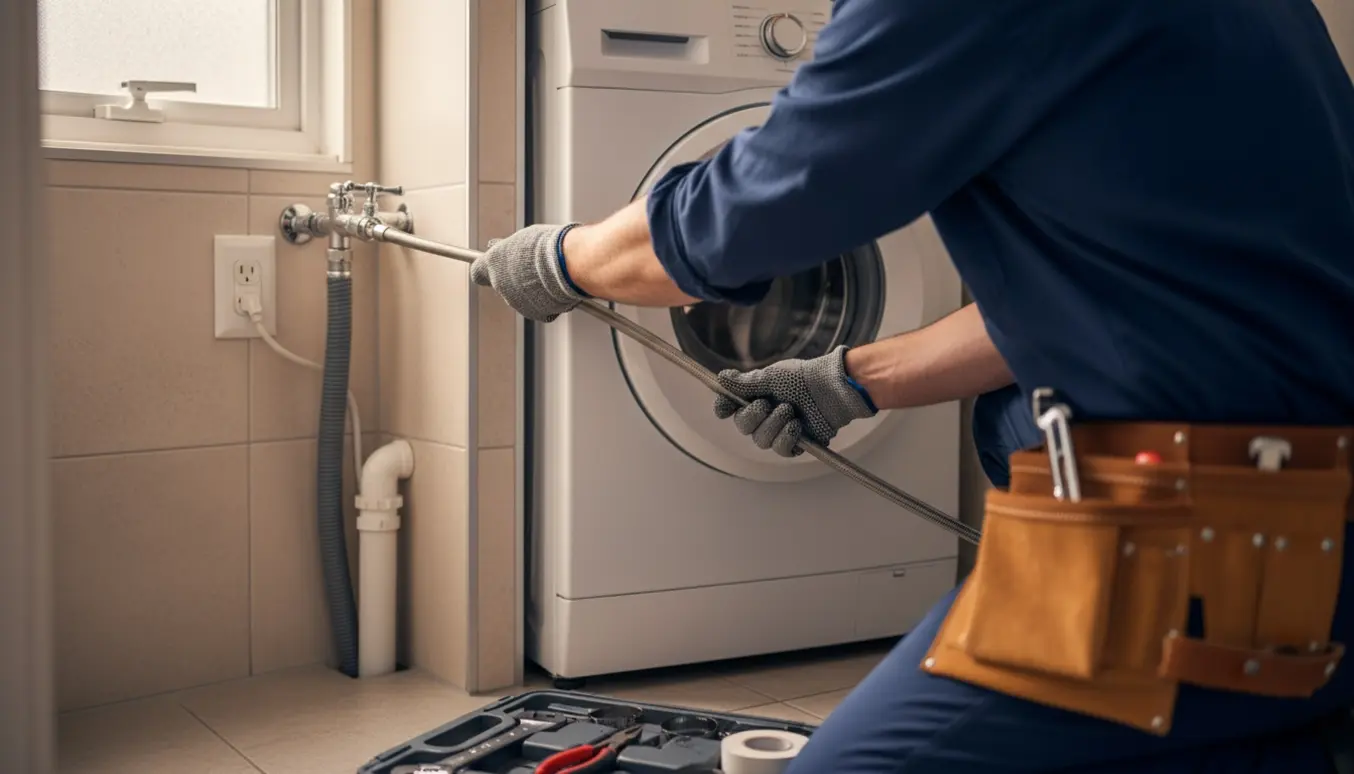 Autoriseret VVS-mand forbinder slanger til en vaskemaskine i et lille badeværelse.