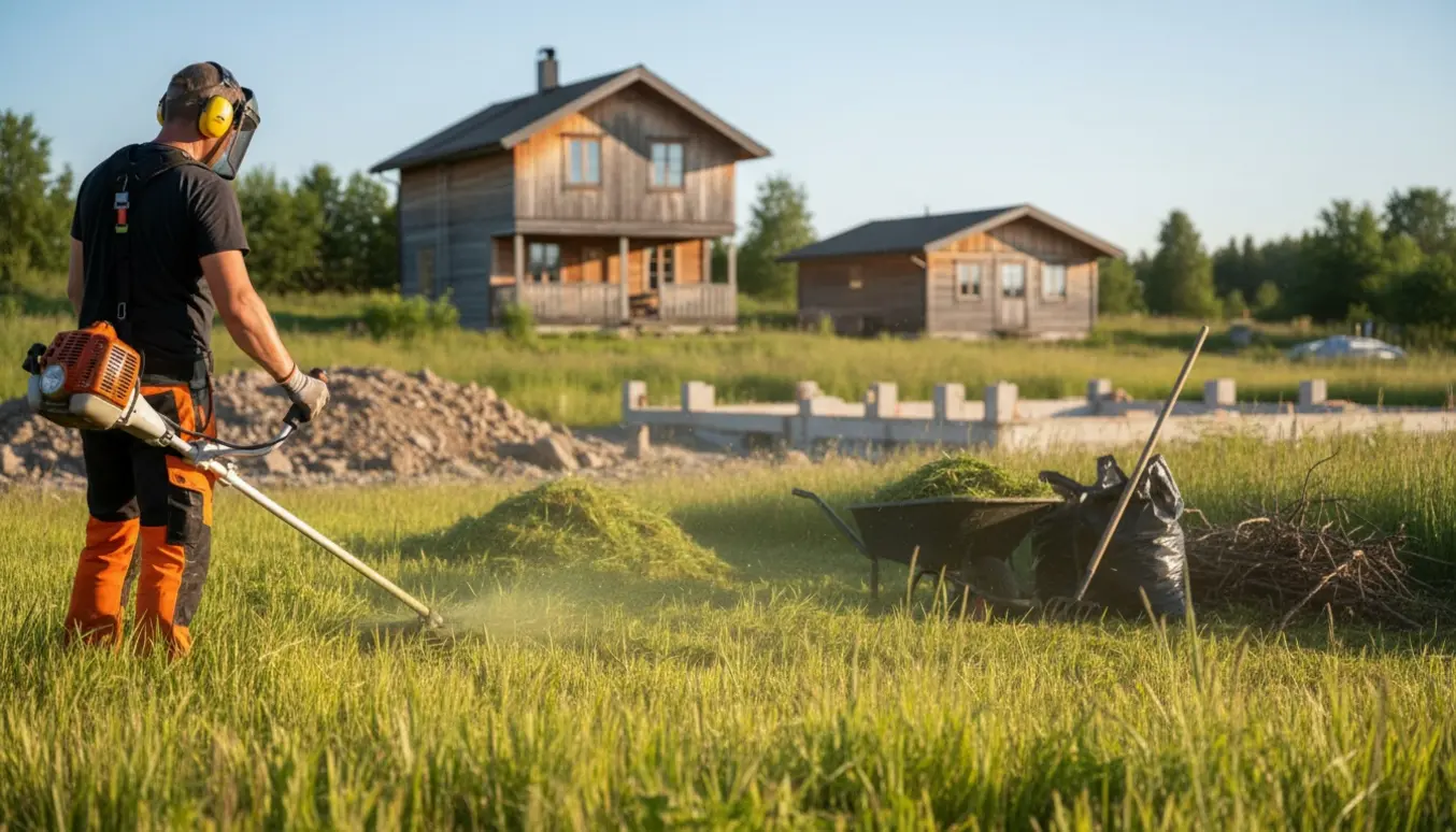 Person slår meget højt græs med buskrydder på en ujævn sommerhusgrund med huse i baggrunden.