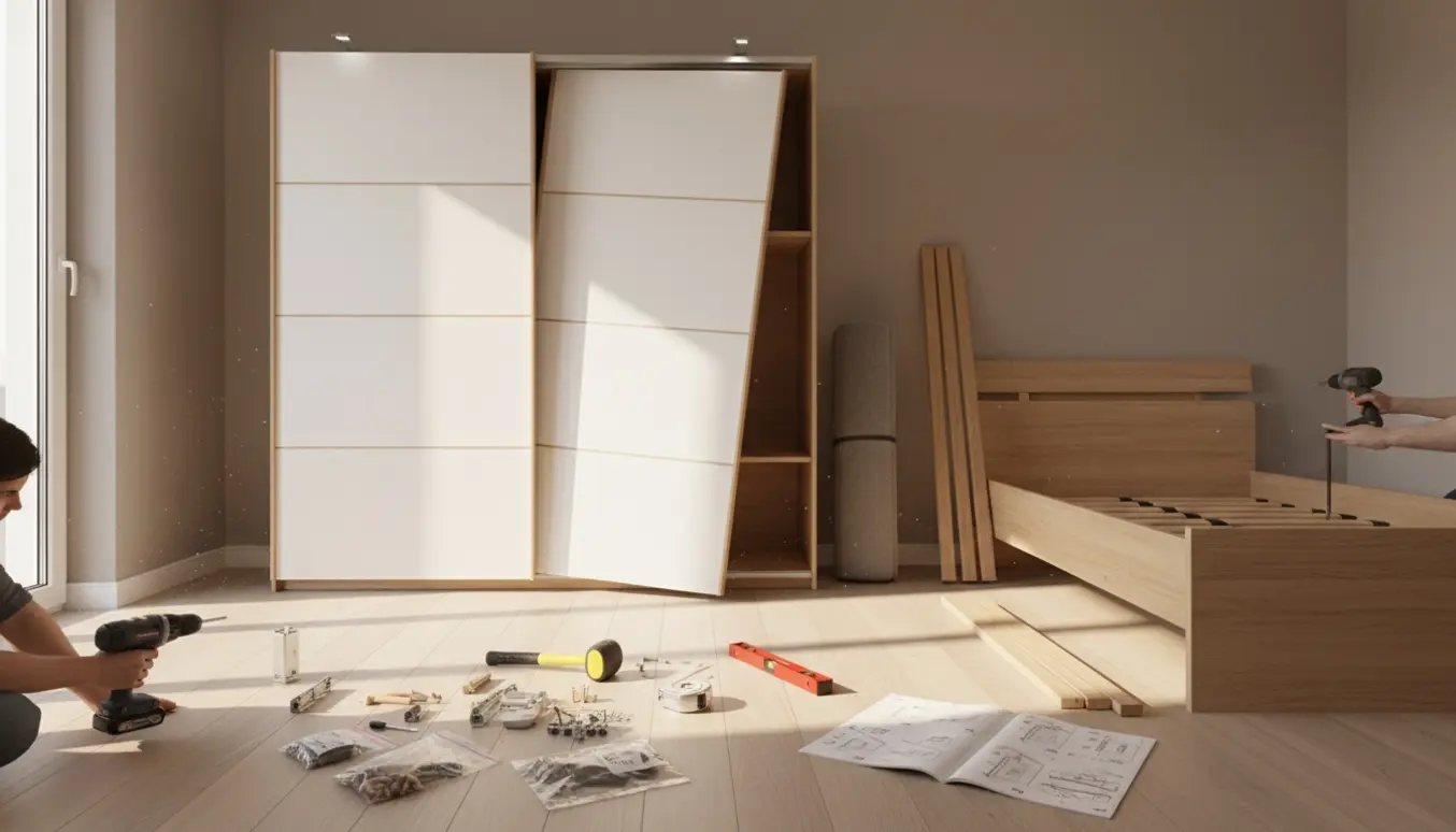 Delvist samlet seng og skab med skydedør, hænder arbejder med værktøj i et lyst, ryddeligt soveværelse.