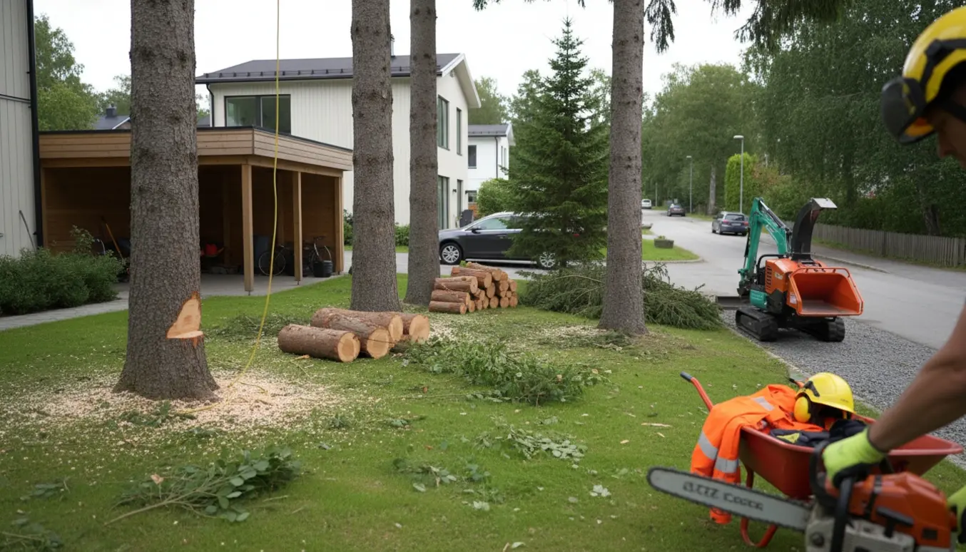 Kontrolleret træfældning ved hus og carport med afsavede stammer og lille flishugger i baghaven.