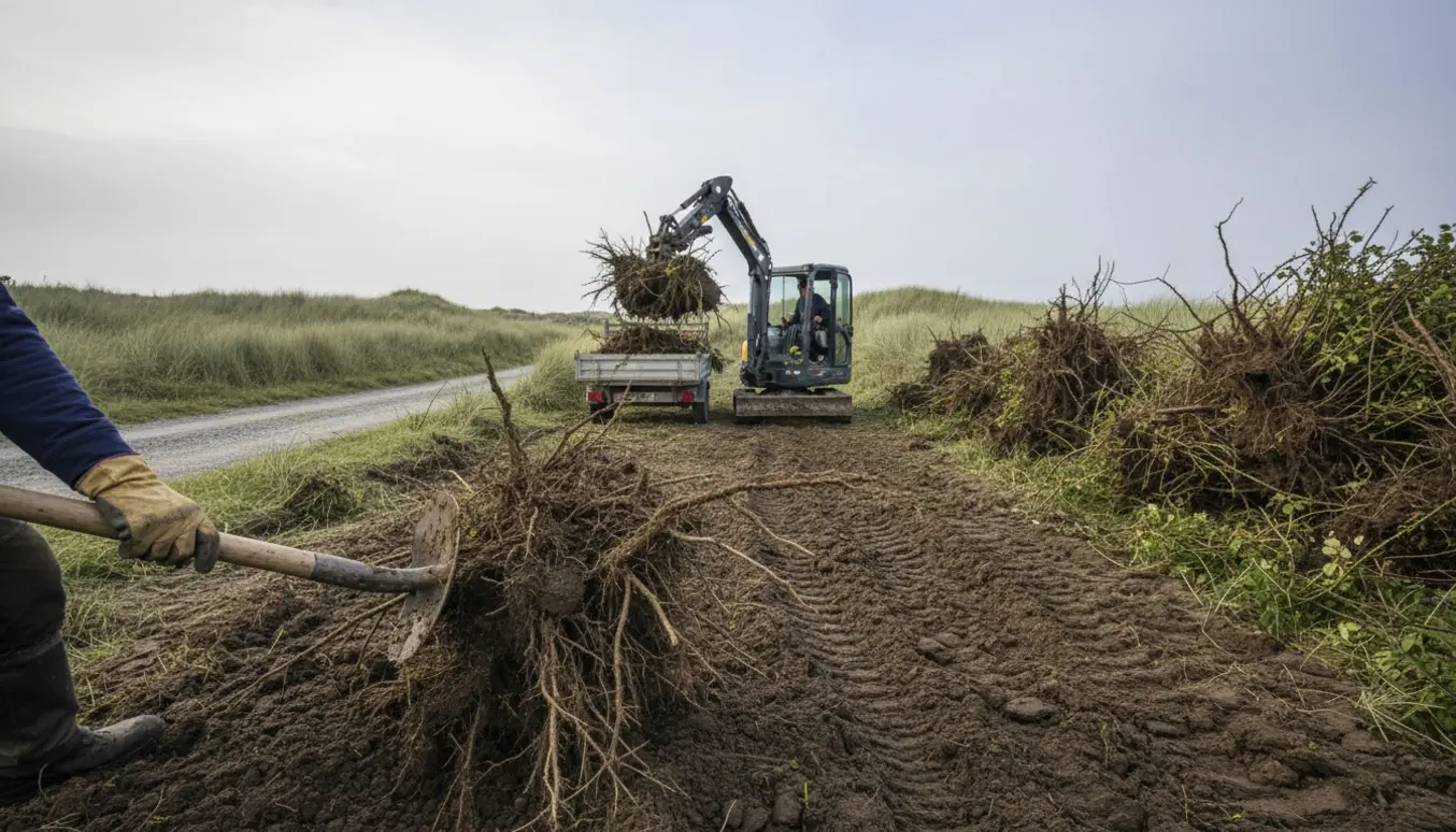 Brombær- og hybenkrat graves op og læsses på en trailer ved en smal grusvej.