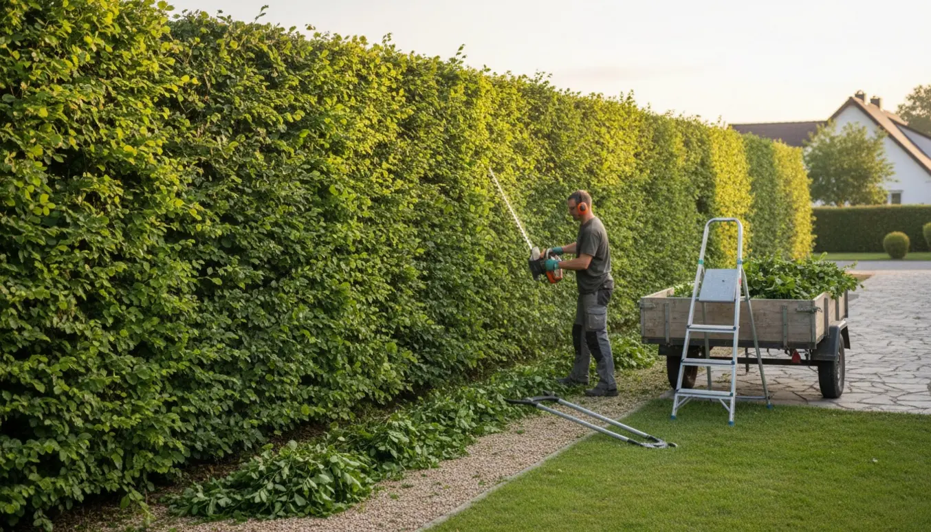 En bagvendt person klipper en lang bøgehæk med hækkeklipper, mens afklip læsses i en trailer.