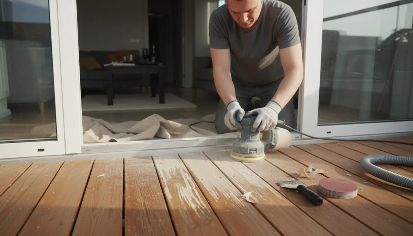 Slibning af træbrædder på en altan set gennem en åben stuedør med malerrester og slibestøv.