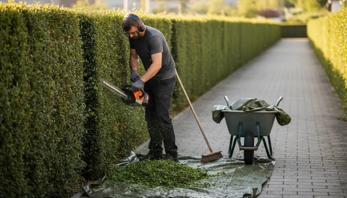 Person klipper en lang, skulderhøj hæk langs en bred flisegang, mens afklip samles i en trillebør.