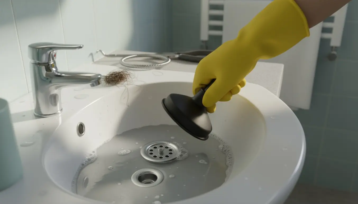 Stoppet håndvask med stående sæbevand og gummihandsker, der bruger en sugekop over afløbet.