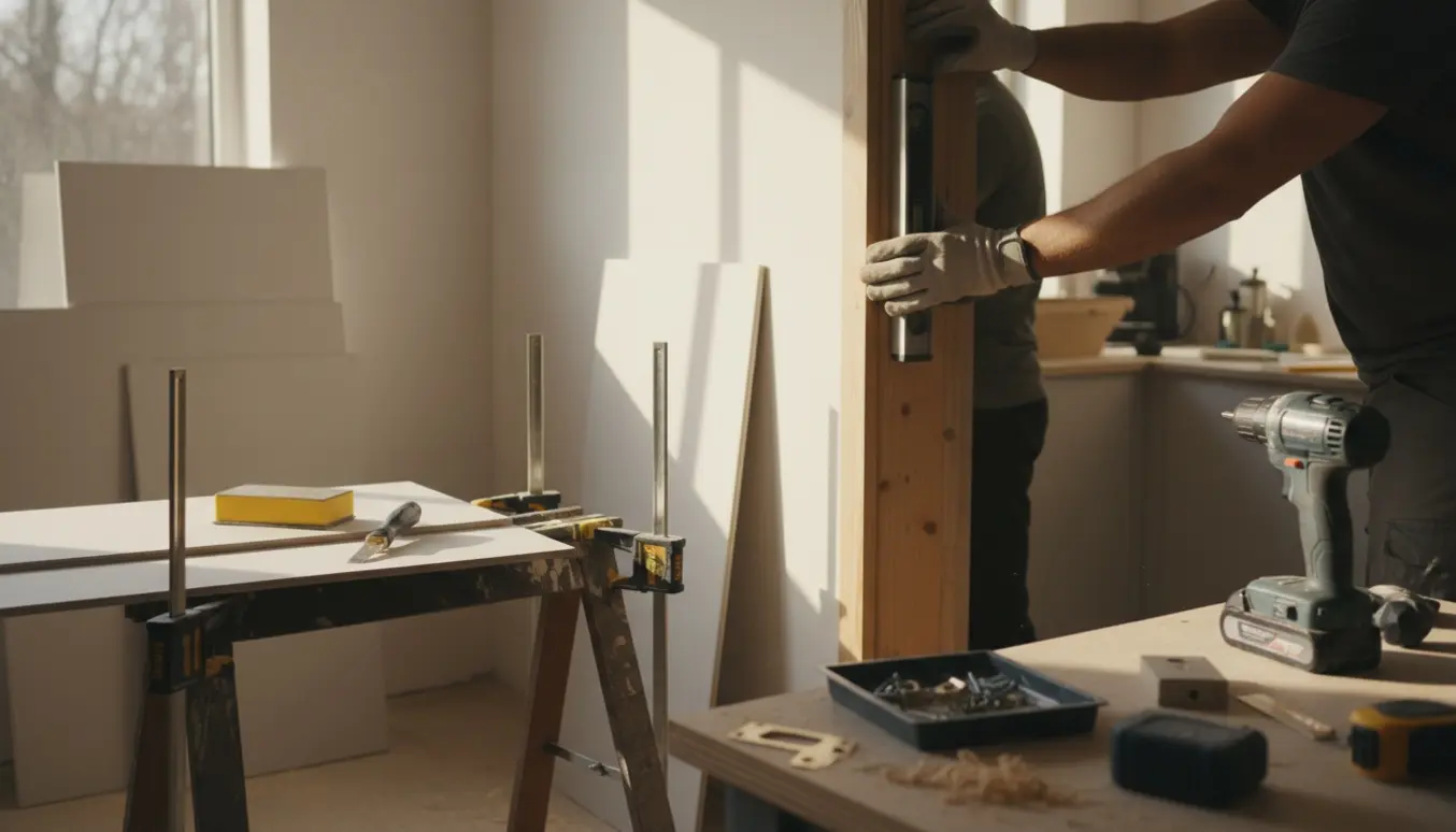 Hænder monterer en trækarm i en køkkendør med gipsplader og værktøj omkring i et lyst renoveringsrum.