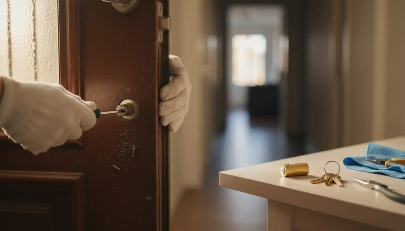 Nærbillede af hænder, der udskifter en dørcylinder med nye nøgler og værktøj på en trædør.