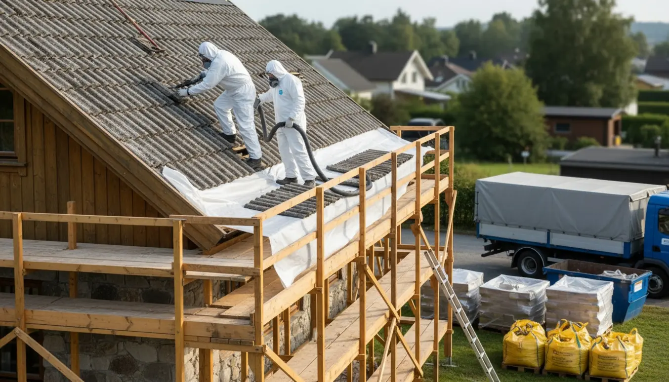 Arbejder i beskyttelsesdragter fjerner gamle skifereternittage ved stillads og læsser forseglede affaldsposer klar til bortkørsel.