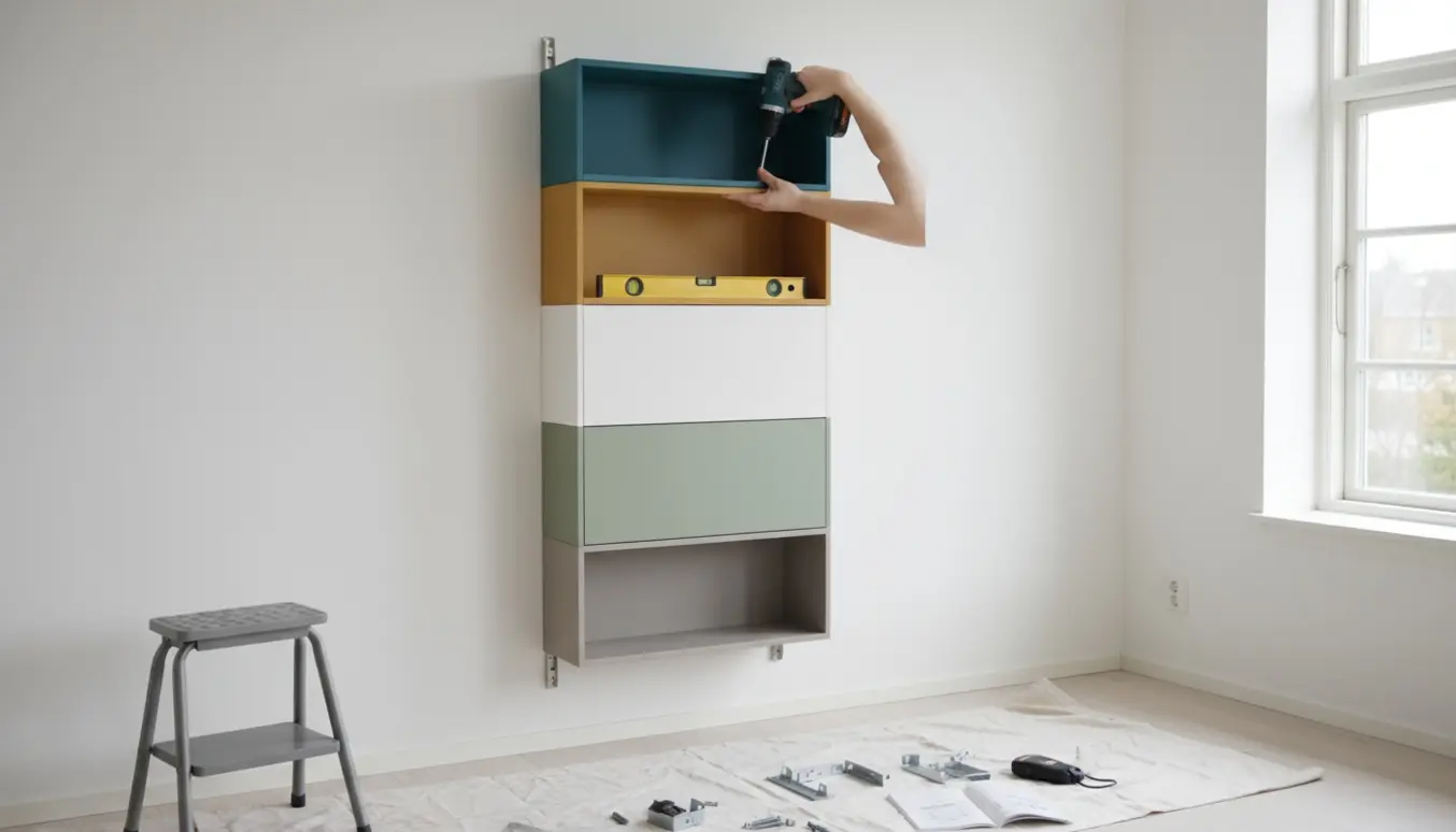 Montering af en fem-modul væghylde i et lyst skandinavisk rum, hænder bruger boremaskine og vaterpas.