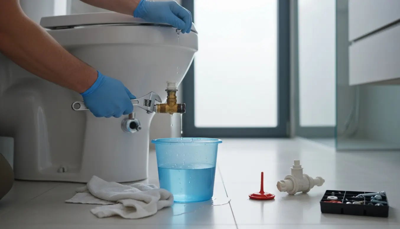 Toilettank lækker vand, hænder med skruenøgle og en spand opsamler dryp.