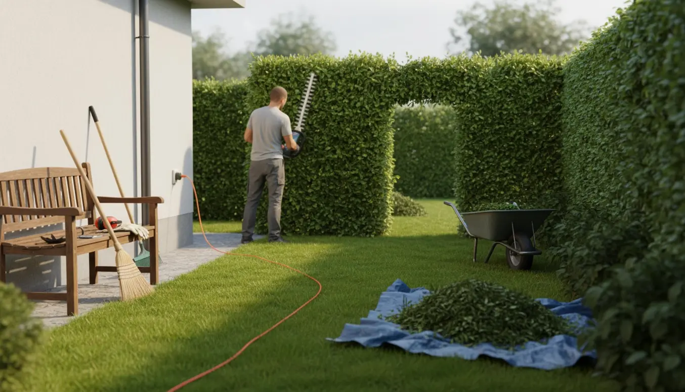 Person trimmer hæk i en lille have med el-hækkeklipper og kabel til husets udendørsstik synligt.