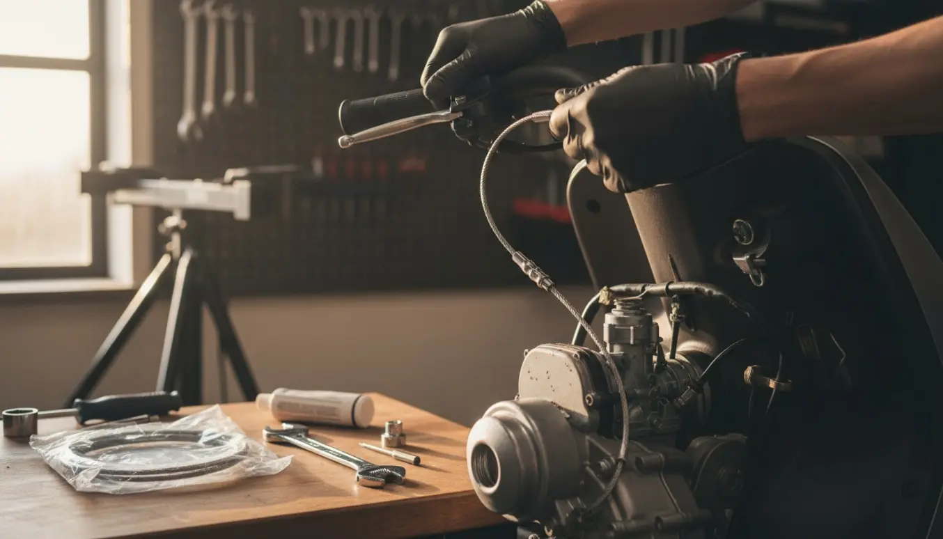 Nært foto af hænder, der monterer et nyt gaskabel på en 50cc 4-takts scooter i en garage.