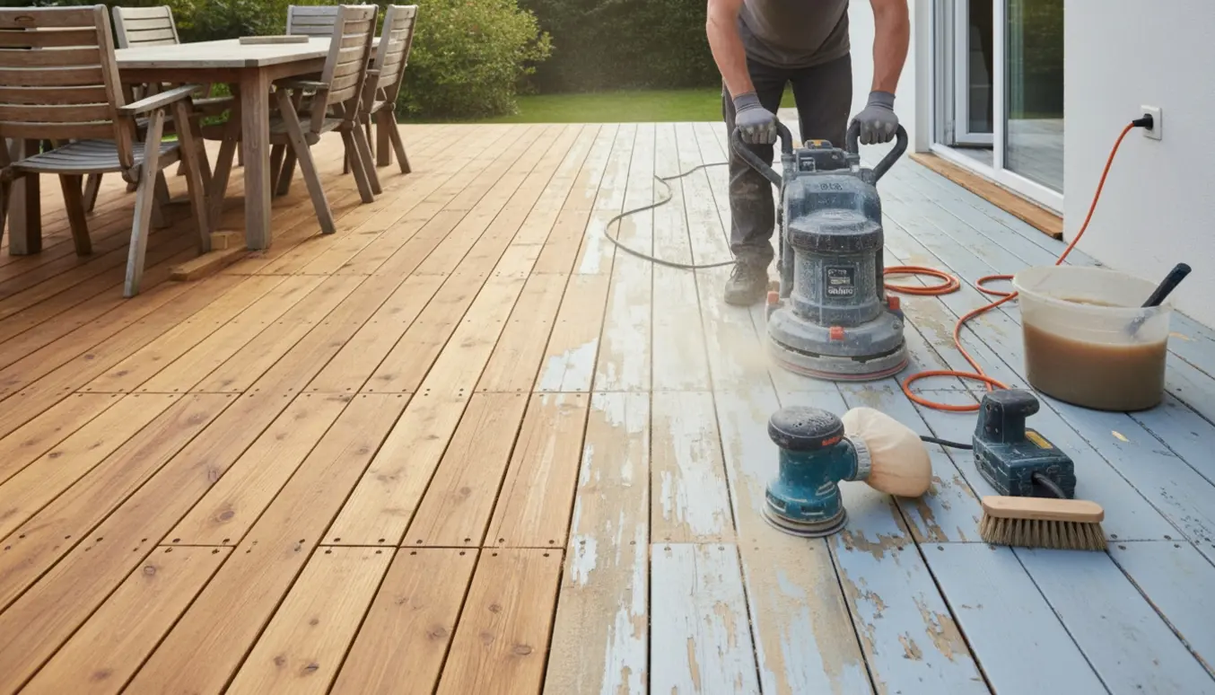 Nærbillede af en slibemaskine på en trykimprægneret terrasse med afskallet maling og flyttede havemøbler.