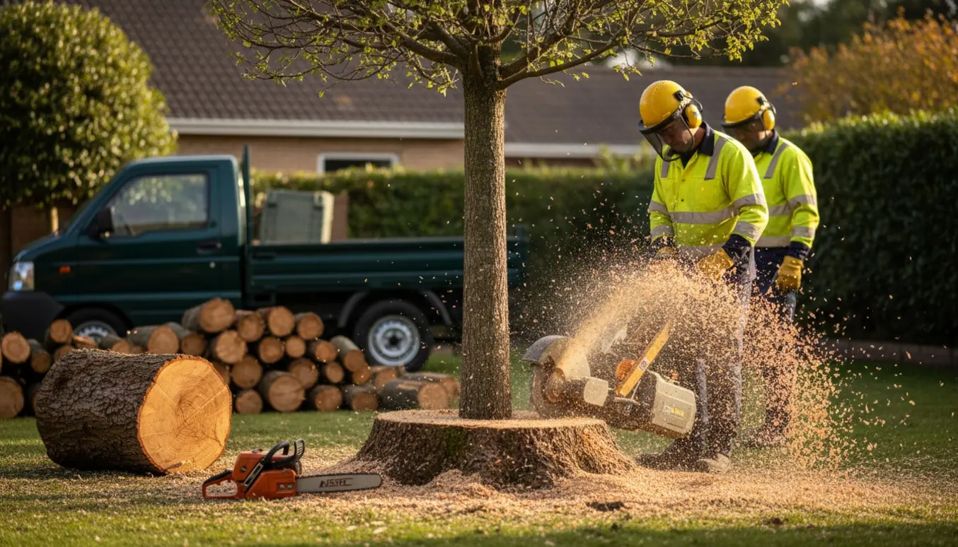 Stubfræsning af en nysavnet træstamme i en villahave med maskine, træflis og stabler af kappede stammer.