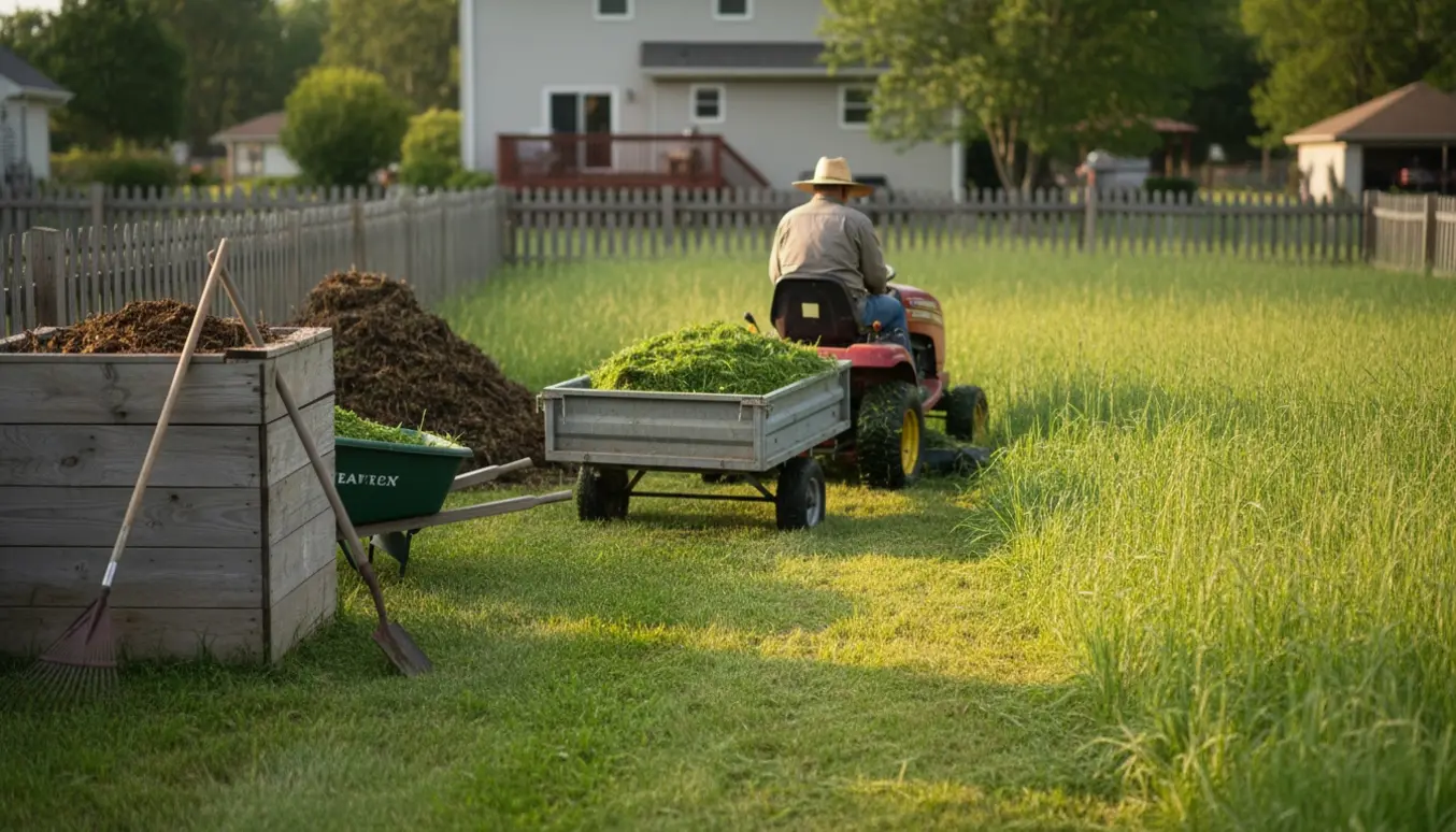 En havetraktor hakker sig gennem højt græs og læsser friske græsklipp i en kompostbunke i en solbeskinnet baghave.