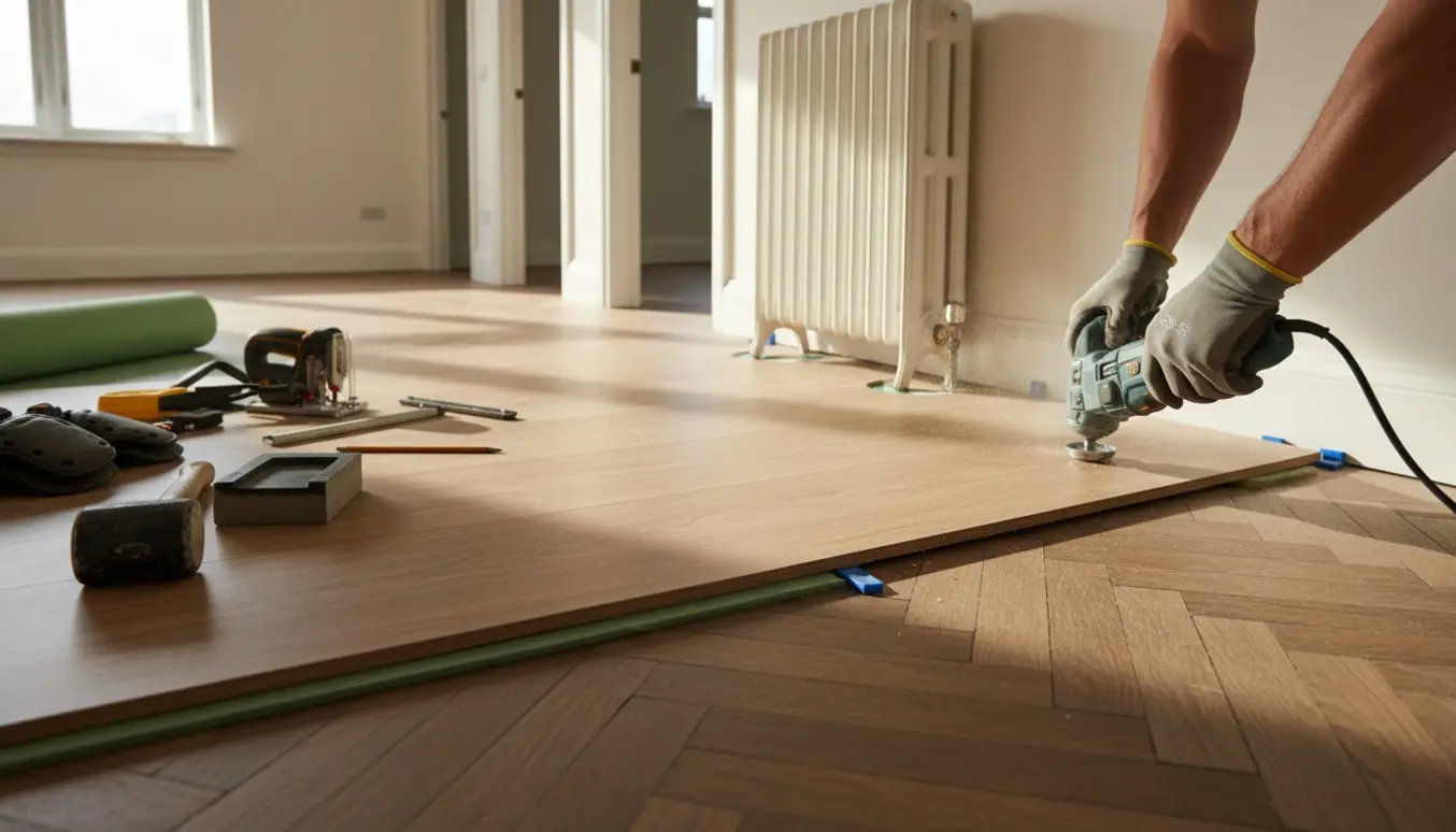 Halvfærdigt laminatgulv lægges oven på parket med underkappede fodpaneler og radiator på tre støtteben.