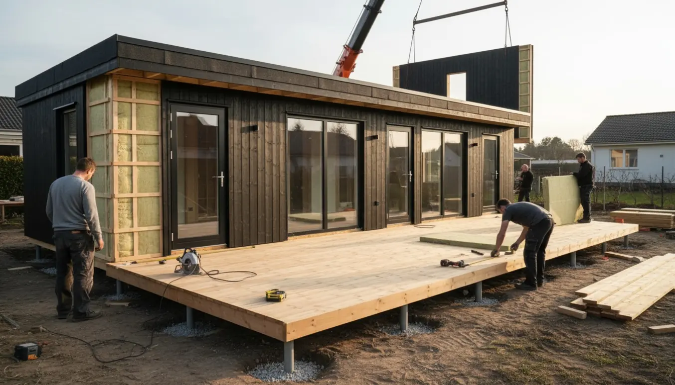 Et sortmalet træanneks på punktfundament med træterrasse, kran i baggrunden og håndværktøj i forgrunden.