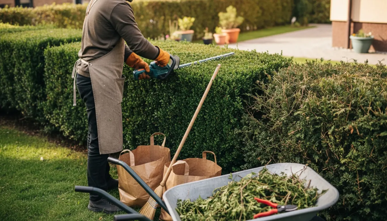 En person trimmer en lav hæk til ensartet højde og samler afklip i en trillebør.