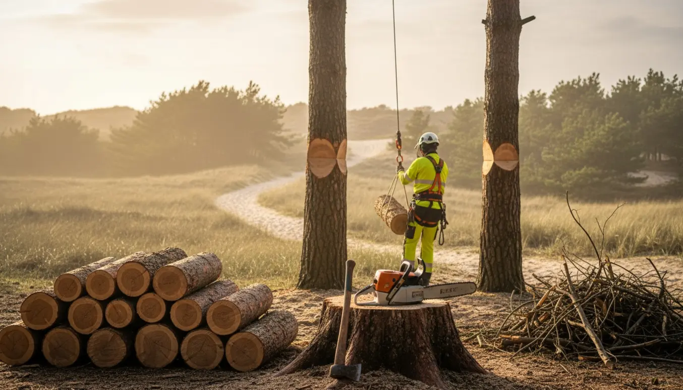Opskårne stykker fra to døde træer ved kystnær skov i Tisvildeleje, klar til kløvning med en bunke grenaffald ved siden af.