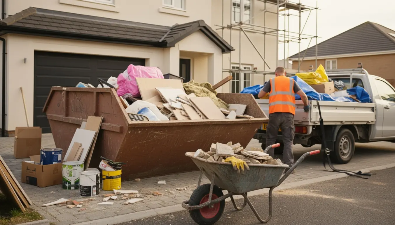 Byggeaffald læsses i en åben container og pickup ved en privat indkørsel efter renovering.
