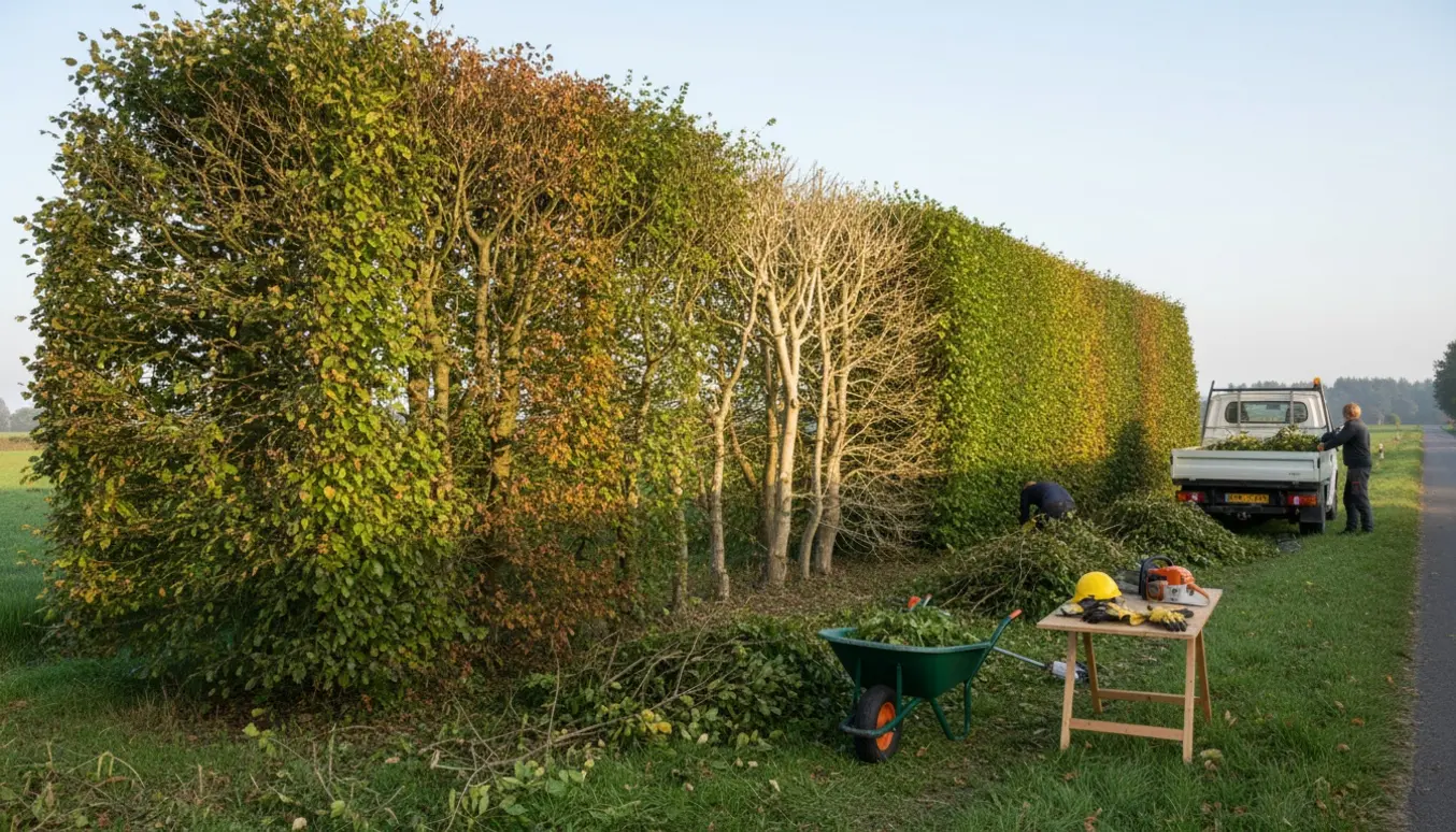 Nyklippet bøgehæk langs vej med afklippede grene samlet klar til bortkørsel.