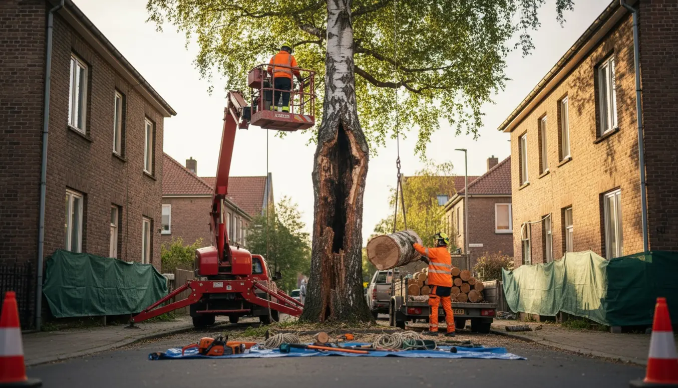 Kran og arbejdere fælder et rådnet 20 meter birketræ mellem to huse med stammer klar til afhentning.