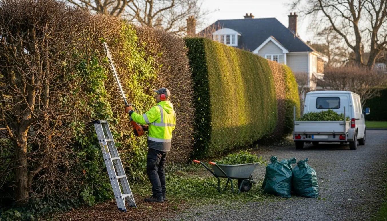 Person trimmer en lang hæk med stanghækkeklipper, afklip i trillebør og trailer klar til bortkørsel.