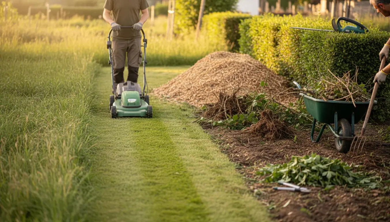 Kolonihave med delvist slået høj græs, en plæneklipper i arbejde, hækkeskæring og fjernelse af brombær ved en stor flisbunke.