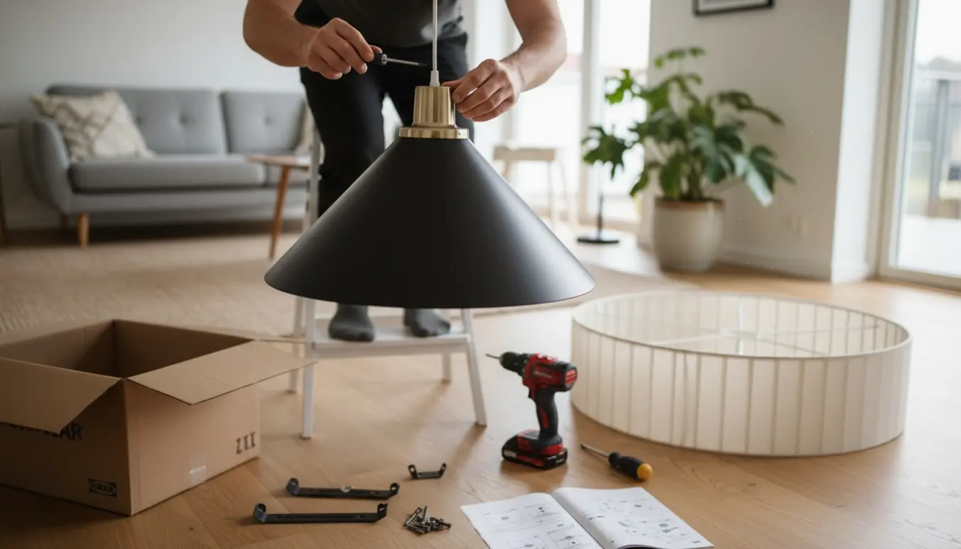 En person på en stige monterer en stor pendelampe i en lys stue med værktøj og dele på gulvet.