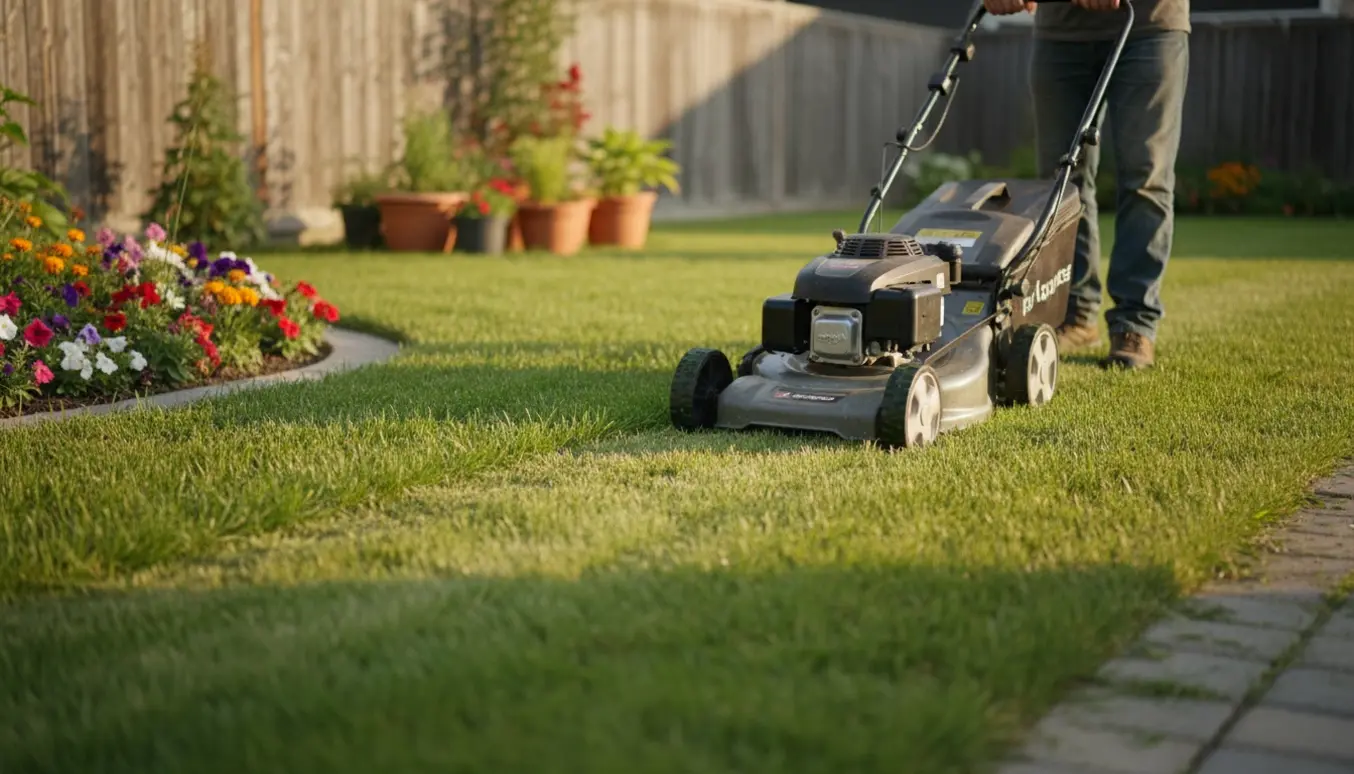 En græsslåmaskine klipper 7-10 cm højt græs og efterlader en nyslået stribe, mens kanterne forbliver urørte.