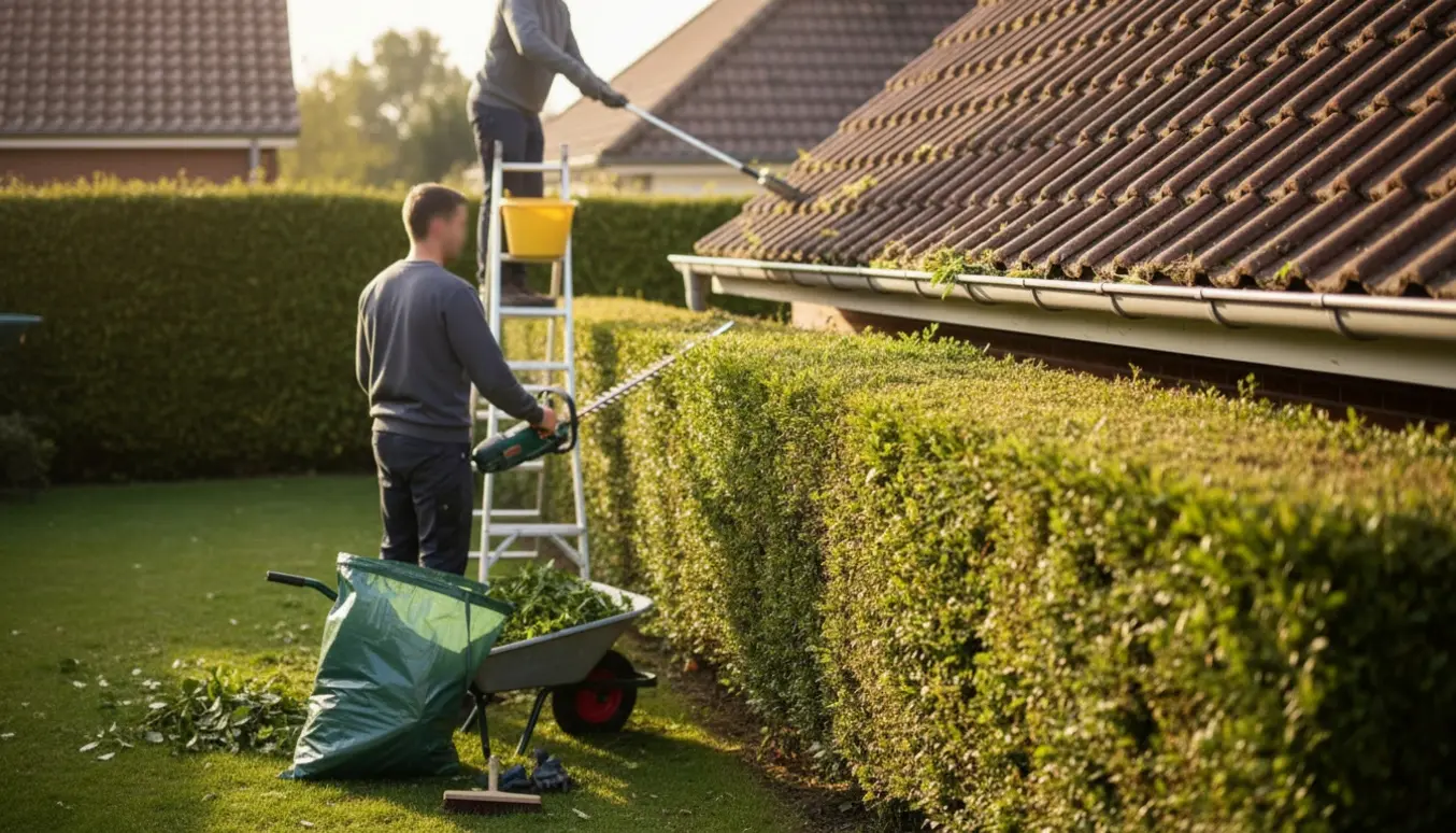 Personer klipper en lang hæk og renser tagrenden ved et enfamiliehus, med hækafklip samlet i en affaldssæk.