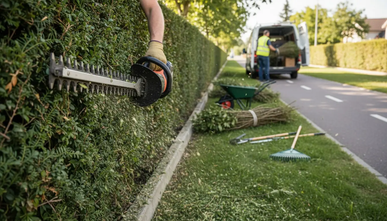 En arbejder klipper en lang hæk ved en cykelsti og læsser afklip i en varevogn til genbrug.