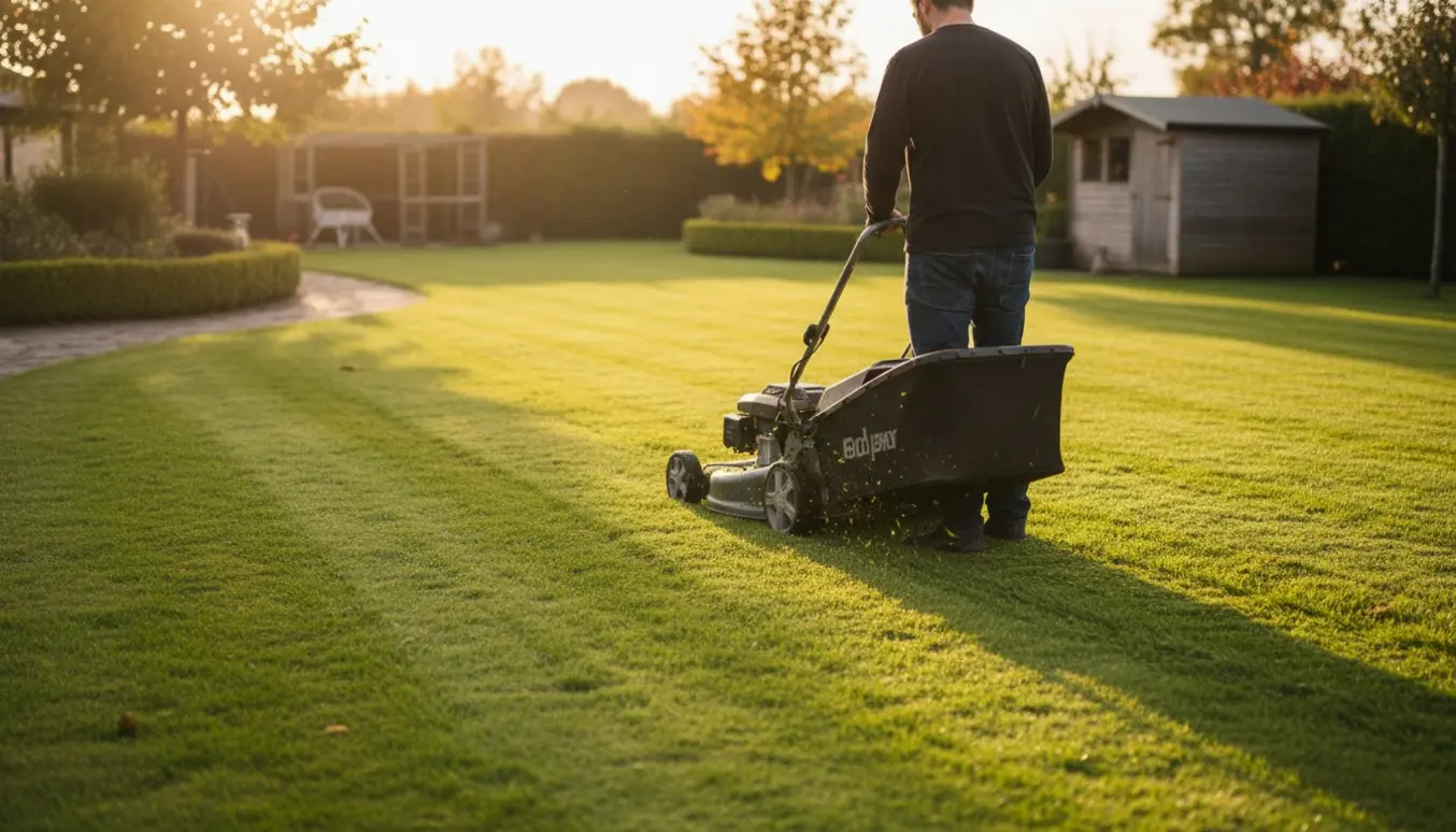 En person klipper en stor, flad græsplæne med en plæneklipper, der efterlader tydelige striber.
