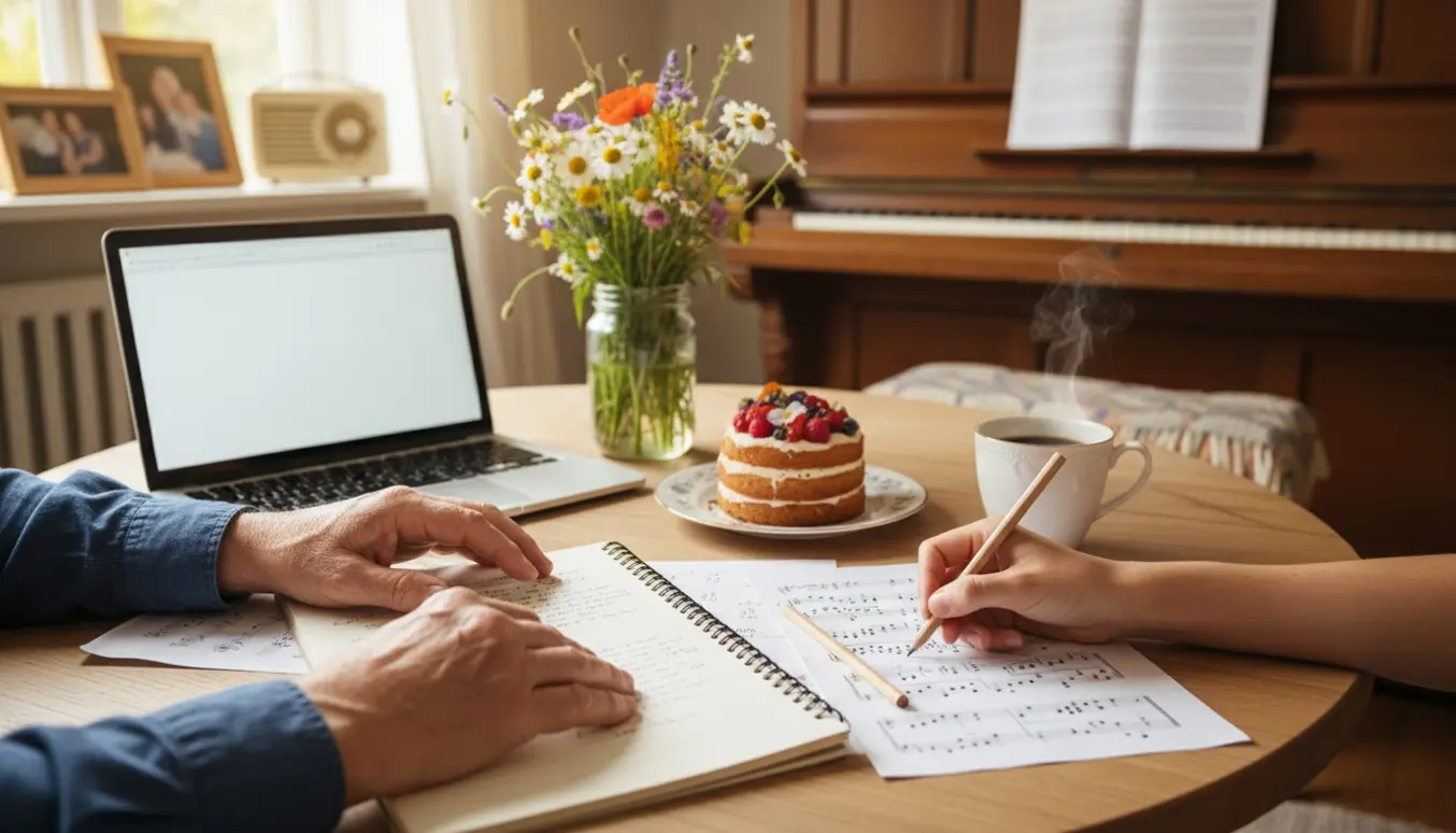 Hænder komponerer en personlig sang til en 90 års fødselsdag ved et solbelyst bord med nodeark, kage og familiefotos i baggrunden.