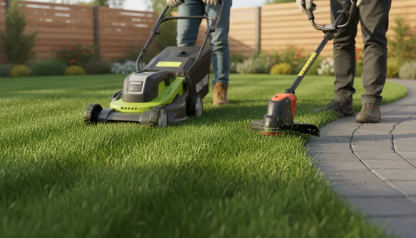 Person slår græs og retter kanter med plæneklipper og kanttrimmer langs en stensat gangsti.