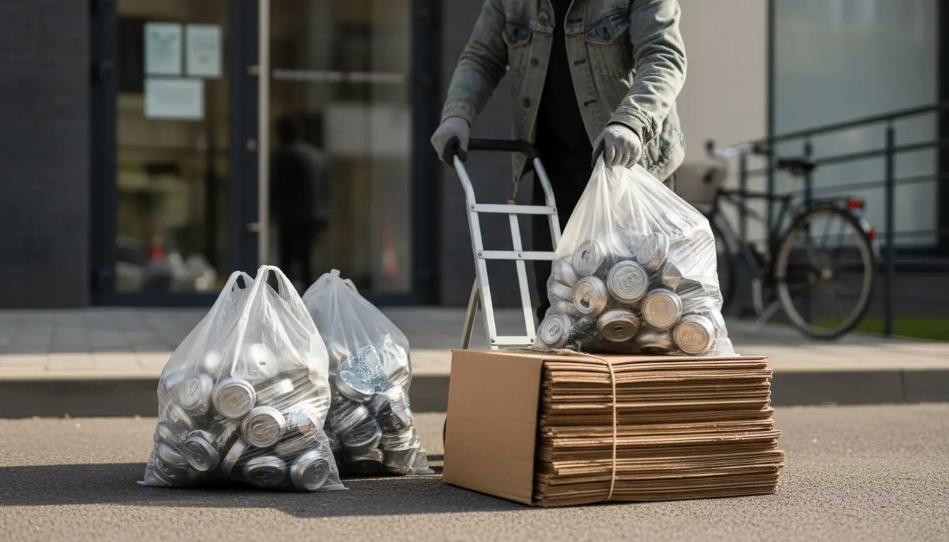 To sække med knuste dåser og plastflasker ved fortovet ved siden af sammenklappet pap, klar til afhentning.