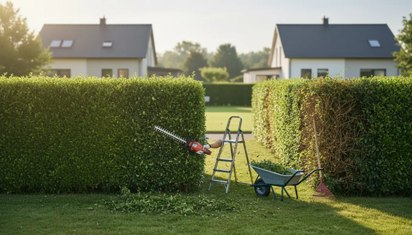 Hækklipning med hækkeklipper, stige og trillebør ved en høj hæk mellem to nabogrunde.