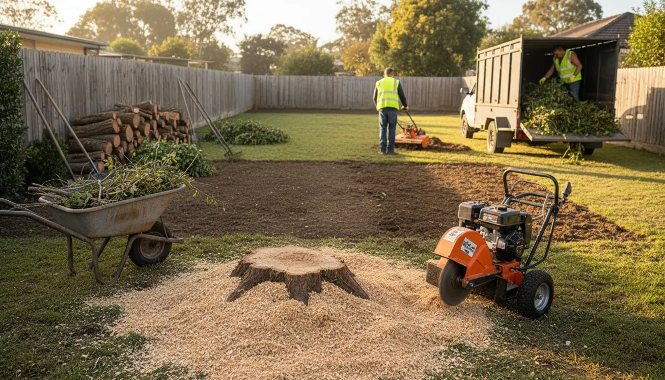 Stor baghave under omfattende havearbejde med stubfræsning, bunker af grene og en delvis udjævnet plæne.