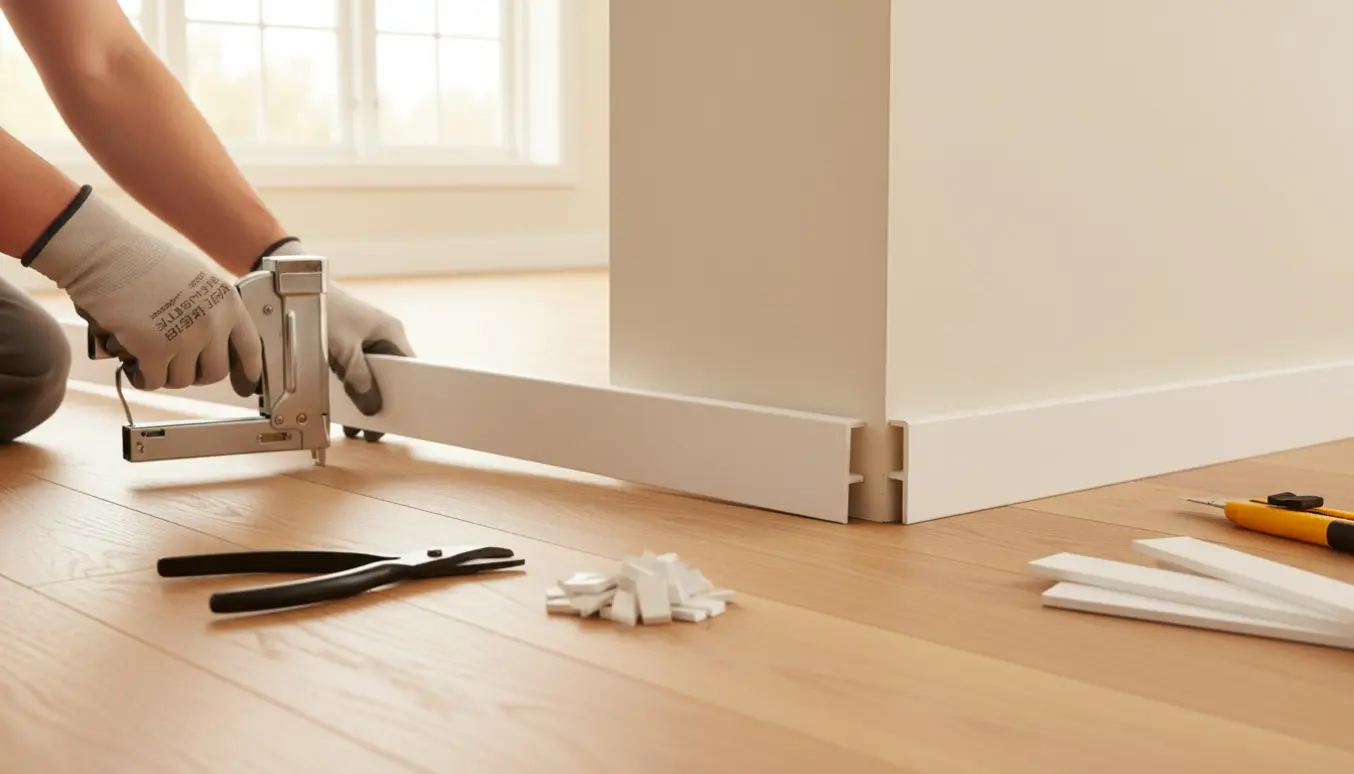Hænder monterer en plast fejeliste langs en lys væg i et byhus med stiftepistol og vinkelsaks ved siden af.